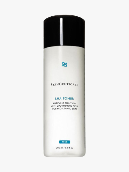 SkinCeuticals LHA Toner white bottle with black cap on light gray background