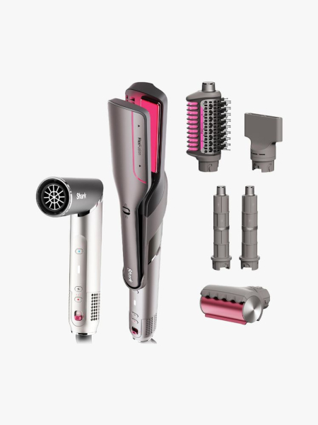 Shark FlexFusion Hair Straightener and Dryer in branded component on a light gray background